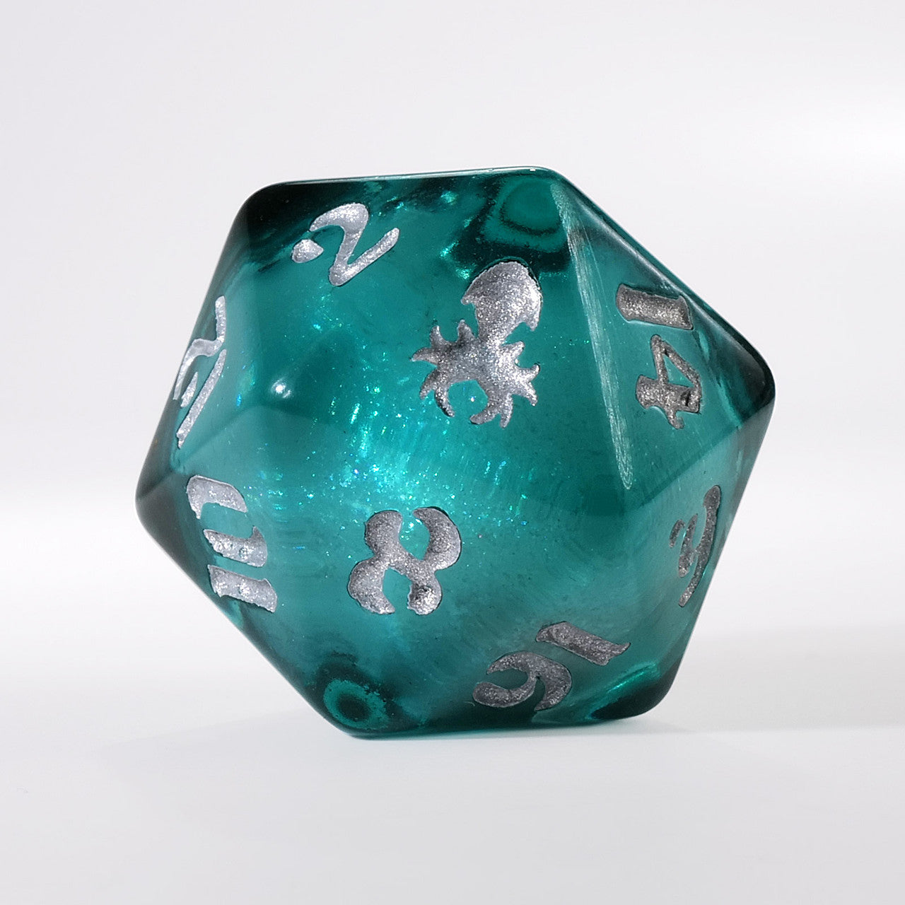 Teal Liquid Core Single D20 with Silver Ink